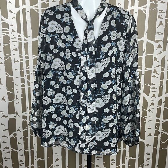 Umgee Black Floral Print Sheer Tie Neck Blouse size S - Picture 1 of 6